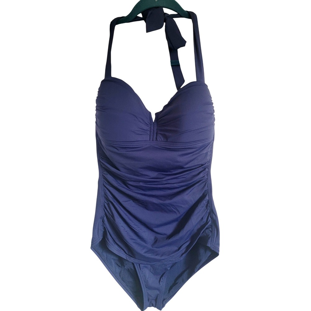 Tommy Bahama 6 Navy Blue  Solid Halter One Piece Swimsuit Size 6 Ruched‎ Sides